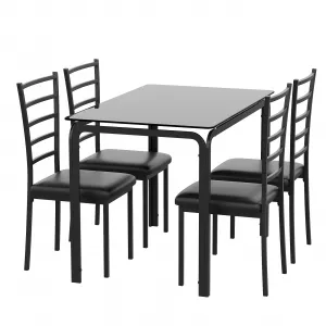 Glass Dining Table Set for 4, 5 Piece Kitchen Dining Room Table and Chairs Set, Modern Rectangle Dinner Table for Breakfast Nook, Home Office, Black Glass