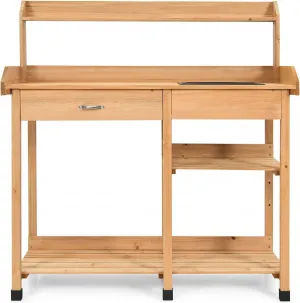 Potting Bench Outdoor Garden Potting Table, Planting Work Bench with Sink and Drawer, Solid Wood Construction, Natural Wood