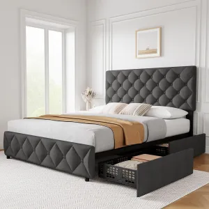 Full Size Bed Frame with 4 Storage Drawers and Adjustable Headboard, Linen Upholstered Platform Bed Frame, Diamond Stitched Button Tufted, No Box Spring Needed(Dark Grey)