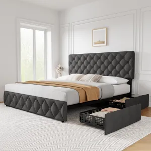 King Size Bed Frame with 4 Storage Drawers and Adjustable Headboard, Linen Upholstered Platform Bed Frame with Wooden Slats Support, Diamond Stitched Button Tufted, No Box Spring Needed - Dark Grey