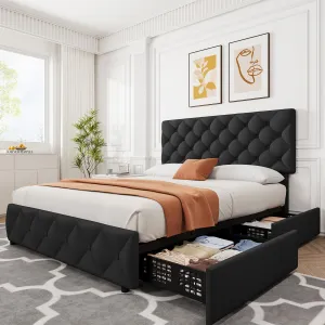 Full Size Bed Frame with 4 Storage Drawers, Linen Upholstered Platform Bed Frame with Adjustable Headboard, Diamond Stitched Button Tufted, No Box Spring Needed, Black