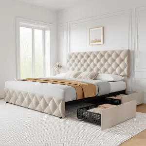 Queen Size Bed Frame with 4 Storage Drawers, Linen Upholstered Platform Bed Frame with Adjustable Headboard, Diamond Stitched Button Tufted, No Box Spring Needed, Blue