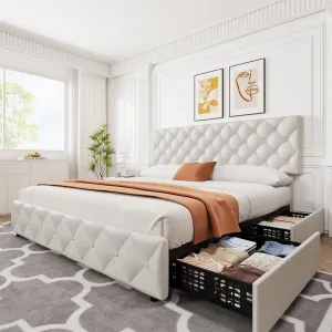 King Size Bed Frame with 4 Storage Drawers, Faux Leather Upholstered Platform Bed Frame with Adjustable Headboard, Diamond Stitched Button Tufted, No Box Spring Needed, White