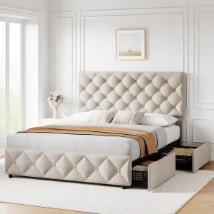 Full Size Bed Frame with 4 Storage Drawers and Adjustable Headboard, Linen Upholstered Platform Bed Frame with Adjustable Headboard, Diamond Stitched Button Tufted, No Box Spring Needed - Off White
