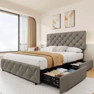 Queen Size Bed Frame with 4 Storage Drawers, Linen Upholstered Platform Bed Frame with Adjustable Headboard, Diamond Stitched Button Tufted, No Box Spring Needed, Light Grey
