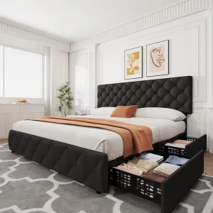 King Size Bed Frame with 4 Storage Drawers, Linen Upholstered Platform Bed Frame with Adjustable Headboard, Diamond Stitched Button Tufted, No Box Spring Needed, Black