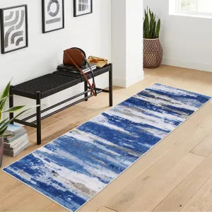 Runner Rug 2x6 Non Shedding Hallway Rug Modern Abstract Area Rug Machine Washable Area Rug Non Slip Low Pile Rug for Kitchen Bedroom, Blue/White
