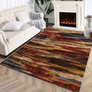 Area Rug 4x6 Non Shedding Living Room Rug Modern Abstract Area Rug Soft Fluffy Pile Throw Rug Machine Washable Indoor Rug Ultra-Thin Floor Cover for Bedroom Living Room Nursery, Red/Sandy
