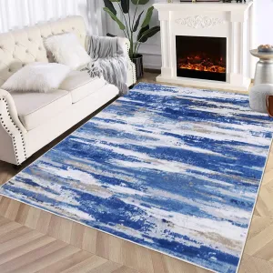 Area Rug 4x6 Non Shedding Living Room Rug Modern Abstract Area Rug Soft Fluffy Pile Throw Rug Machine Washable Indoor Rug Ultra-Thin Floor Cover for Bedroom Living Room Nursery, Blue/White
