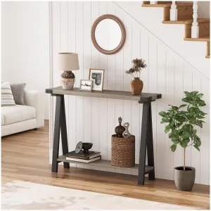 Farmhouse Console Table, 43.3" Entryway Table with Storage, V-Shaped Legs, Metal Frame, MDF, 2-Tier Design, Rustic Brown, Living Room, Hallway
