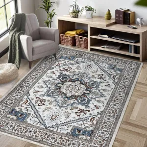 Washable Boho Area Rug 4x6 - Non-Slip, Low-Pile, Flannel Fiber, Retro Print, Suitable for Living Room, Bedroom, Kitchen, Office