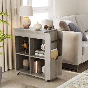 Side Table with Storage, Flip Top Sofa End Table for Living Room and Bedroom, Wood Side Table with 3 Tier Storage Shelf for Small Spaces-Grey