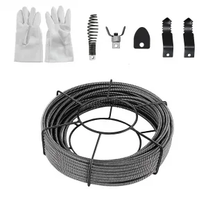 Drain Cleaning Cable 50 Feet x 1/2 Inch, Solid Core Cable Clog Pipe Drain Cleaning Cable With gloves and Cleaning Cutter Cutting Head Set for Drain Augers Set