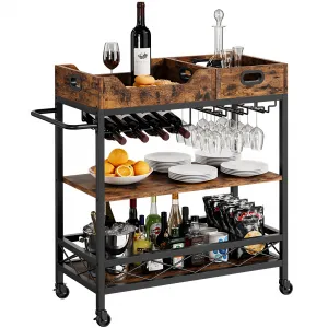 3 Tier Rustic Bar Cart with Wheels, Wine Rack, Glasses Holder, Industrial Metal Frame, MDF Wood Veneer, for Kitchen, Dining, Living Room