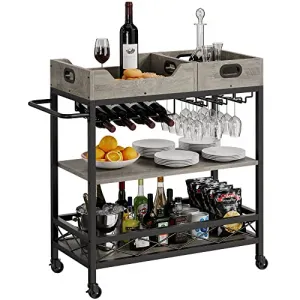 3-Tier Rustic Bar Cart with Wheels, Wine Rack, Glass Holder, Removable Trays, Metal Frame, for Living Room, Dining Room, Kitchen