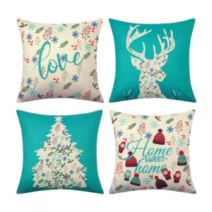 Christmas Decoration Pillow Covers 18 x18 Set of 4, Teal Decorative Throw Pillows for Home Deer Xmas Tree Pillow Cases Winter Holiday Decor Throw Cushion Cases for Sofa Couch