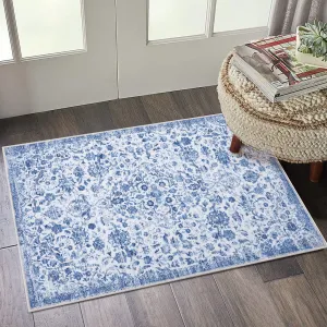 2x3 Rug Entry Rug Washable Rugs Boho Rug Non Slip Small Rugs Door Mat Throw Rugs Bathroom Rugs Oriental Rug Carpet Floral for Bedroom Stain Resistant Entryway Rugs Indoor Rug 2'x3' Blue