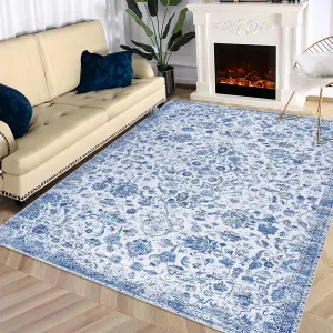 8x10 Area Rugs for Bedroom Washable Rugs Boho Rug for Living Room Vintage Rug Non Slip Carpet Floral Throw Rugs Large Rug Stain Resistant Office Rug Classroom Rug 8'x10' Blue