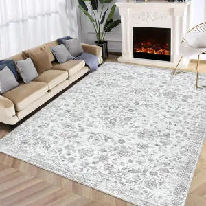 9x12 Area Rug for Living Room Washable Rugs Boho Rug for Bedroom Vintage Rug Non Slip Carpet Floral Throw Rugs Large Area Rug Stain Resistant Office Rug Classroom Rug 9'x12' Light Grey
