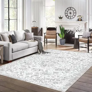 Large Area Rug 10x13 Rug Washable Area Rug Vintage Non Slip Rug Floral Retro Bedroom Rug Low Pile Distressed Floral Floor Cover for Living Room Office, Grey/ 10'× 13'