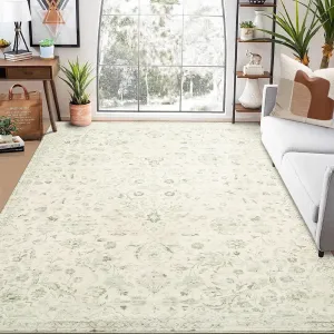 8x10 Area Rug Distressed Floral Area Rug Machine Washable Rug for Living Room, Non-Slip Stain Resistant Accent Rug Vintage Medallion Floor Cover Carpet for Bedroom, Sage