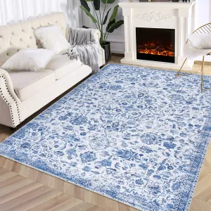 Large Rug 3x5 Washable Ultra Soft Rugs Non Slip Low Pile Carpet Large Living Room Rug for Farmhouse Nursery Bedroom Office, Blue