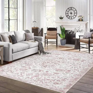 Large Area Rug 10x13 Rug Washable Area Rug Vintage Non Slip Rug Floral Retro Bedroom Rug Low Pile Distressed Floral Floor Cover for Living Room Office, Pink/ 10'× 13'