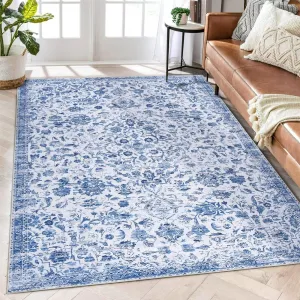Large Rug 6x9 Washable Ultra Soft Rugs Non Slip Low Pile Carpet Large Living Room Rug for Farmhouse Nursery Bedroom Office, Blue