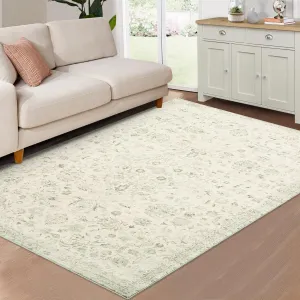 Machine Washable Rug 5x7 Distressed Floral Area Rug for Living Room, Vintage Medallion Accent Rug Non-Slip Stain Resistant Carpet Floor Cover for Bedroom Decor, Sage