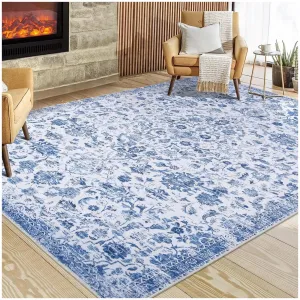 5x7 Rug for Living Room Washable Rugs Boho Rug for Bedroom Vintage Rug Non Slip Carpet Floral Throw Rugs Stain Resistant Office Rug Classroom Rug 5'x7' Blue