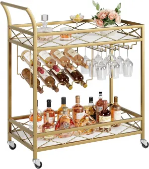 Gold Bar Carts with 2-Tiers Storage Shelves, Home Bar Serving Cart, Wine Cart with 2 Marbled Shelves, Wine Holders, Glass Holders, for Kitchen, Living Room, Dining Room