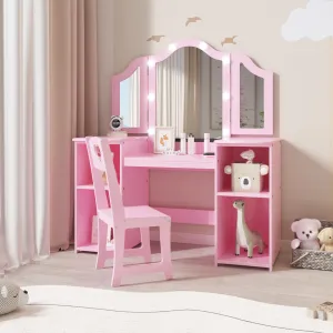 Kids Vanity Table, Girls Vanity with Touch Light Detachable Tri-Folding Mirror, Open Storage Shelves, Wood Makeup Playset with Chair, Princess Vanity Table for Toddlers - Pink