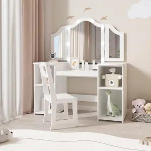 Kids Vanity Table, Girls 2 in 1 Princess Makeup Desk with Touch Light Detachable Tri-Folding Mirror, Open Storage Shelves, Wood Makeup Playset with Chair, Princess Vanity Table for Little Girls