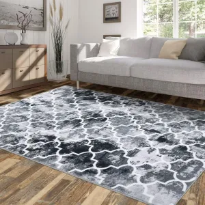 Washable Moroccan Area Rug 5x7 Ultra-Thin Geometric Non-Slip Distressed Low-Pile Indoor Carpet for Bedroom Living Room