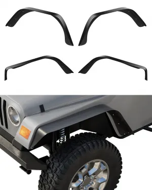 4 PCS Flat Front & Rear Fender Flares Fits For 1997-2006 Jeep Wrangler TJ & LJ, Off-Road Metal Steel Wheel Liner, Textured black