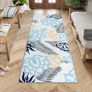 Runner Rug 2x6 Floral Washable Kitchen Runner Rugs Modern Farmhouse Easy-Cleaning Hallway Rug with Rubber Backing Non Shedding Carpet for Laundry Room, Blue/Light Grey