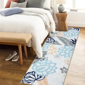 Modern Floral Runner Rug 2x8 - Washable, Non-Slip, High-Quality Polyester, Soft & Durable, Low Pile, Pet & Child Friendly, Blue/Light Grey - Ideal for Bedroom & Living Room