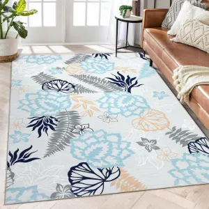 Washable Rug 9x12 Modern Floral Area Rug Non Slip Large Area Rug Low Pile Farmhouse Rug Non Shedding Distressed Throw Rugs Floor Carpet for Living Room Bedrooms, Blue/Light Grey