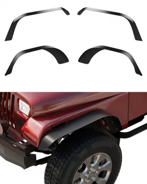 4 PCS Flat Front & Rear Fender Flares Fits For 1987-1995 Jeep Wrangler YJ, Off-Road Metal Steel Wheel Liner, Textured black