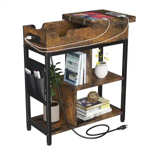 Rustic Brown End Table with Charging Station, 2 USB Ports, Flip Top, Hidden Storage, Shelves, for Living Room, Bedroom