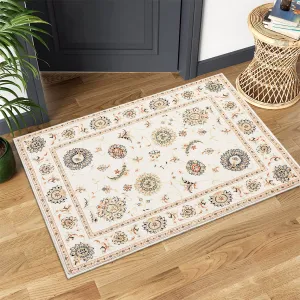 2x3 Small Vintage Area Rug Indoor Throw Welcome Doormat Washable Area Rug Floral Medallion Area Rug Bohemian Floor Carpet for Living Room Bedroom Kitchen Nursery, Ivory/Yellow 2' x 3'