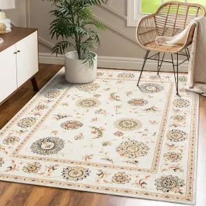 Machine Washable Area Rug 3x5 Vintage Area Rug Indoor Floor Cover Boho Rug Non-Slip Bedroom Throw Carpet Bohemian Rug for Living Room Bedroom Kitchen Nursery, Ivory/Yellow 3' x 5'