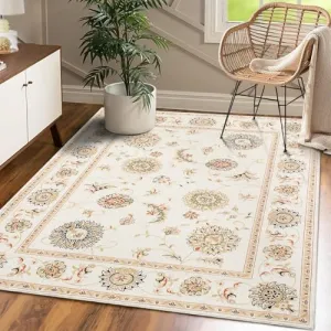 5x7 Living Room Area Rug Machine Washable Area Rug Indoor Floral Rug Bohemian Throw Carpet Boho Rug Vintage Rug Traditional Rug for Bedroom Kitchen Nursery Home Office, Ivory/Yellow 5' x 7'