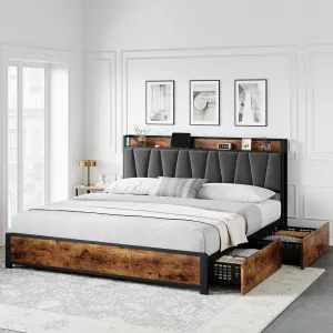 King Size Bed Frame with Storage Linen Upholstered Headboard, 4 Drawers Platform Bed Frame with Charging Station, No Box Spring Needed, Easy Assembly, Vintage Brown