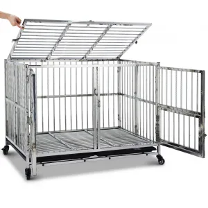 48" Heavy Duty Dog Crate Cage Kennel with Wheels, Full Stainless Steel High Anxiety Indestructible Dog Crate, Sturdy Locks Design, Double Door Small Door Design & Removable Tray Design (Silver)