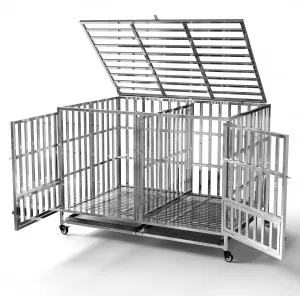 48" Heavy Duty Dog Crate Cage Kennel with Isolation Fence, Full Stainless Steel High Anxiety Indestructible Dog Crate, Small Door Design & Removable Tray Design, Silver