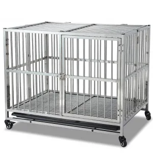 38" Heavy Duty Indestructible Dog Crate Steel Escape Proof Dog Cage Kennel for Small Medium Large Dogs Indoor Double Door High Anxiety Dog Crate with Wheels, Lock& Removable Tray, Silver (38 Inch)