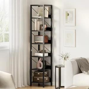Bookshelf Narrow Bookcase Tall Skinny Storage Rack Shelf 6 Tier Standing Bookshelves Metal Frame Rustic Display Racks Industrial Book Shelf for Bedroom, Living Room, Home Office