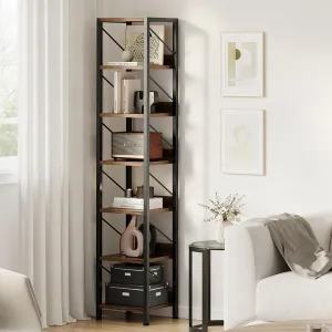 Narrow Tall Bookcase 6 Tier Storage Shelf Metal Frame Rustic Design for Bedroom, Living Room, Home Office