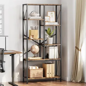 Bookshelf 5 Tier Bookcase Industrial Storage Shelf Vintage Display Rack with Metal Frame, Open Shelves, Rustic Brown, Living Room, Bedroom